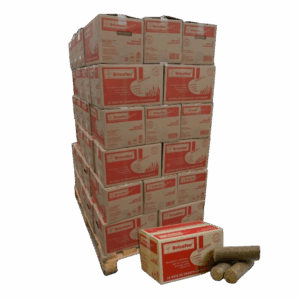 Bûches compressées Bricafeu – Palette 54 cartons de 15 bûches – Bois densifié premium