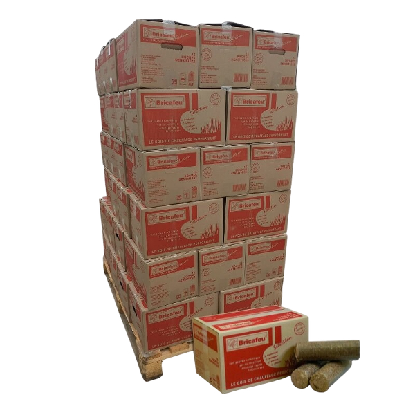 Bûches compressées Bricafeu – Palette 54 cartons de 15 bûches – Bois densifié premium