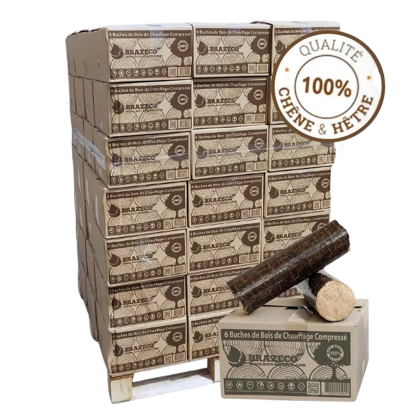 Bois Densifié Premium – Palette 80 cartons de 6 bûches compressées – 100 % naturel – 960 kg