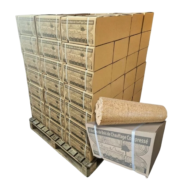 Bois Densifié Confort – Palette de 80 cartons de 6 bûches compressées – 100 % naturel – 960 kg
